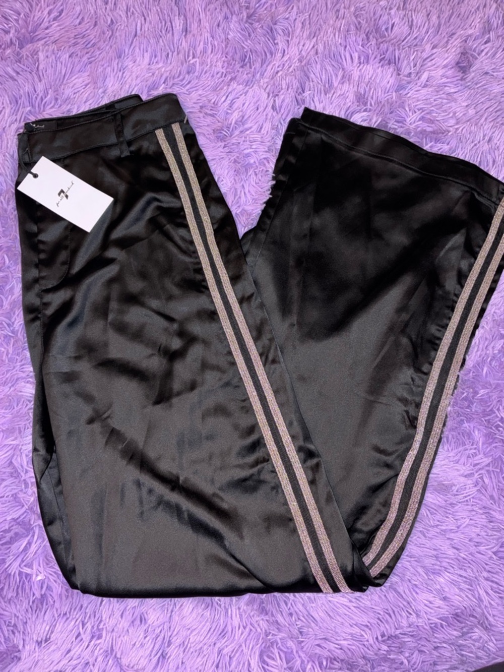 7 For All Mankind  Black Satin Pants Size 6 beading wide leg